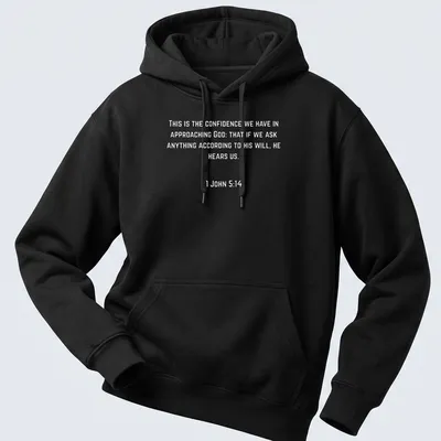 Typography t-shirt featuring '1 John 514 Confidence In The Lord' text design — printed on a unisex hoodie