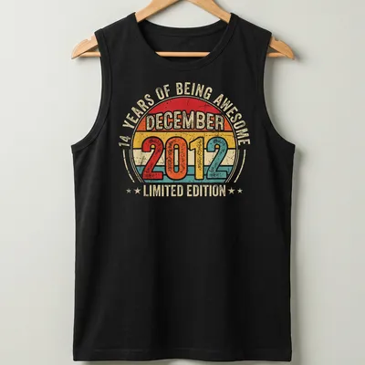 Vintage style birthday t-shirt celebrating 14 years of awesomeness — printed on a tank top