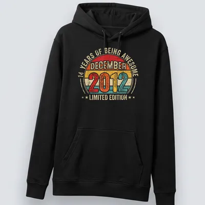 Vintage style birthday t-shirt celebrating 14 years of awesomeness — printed on a unisex hoodie