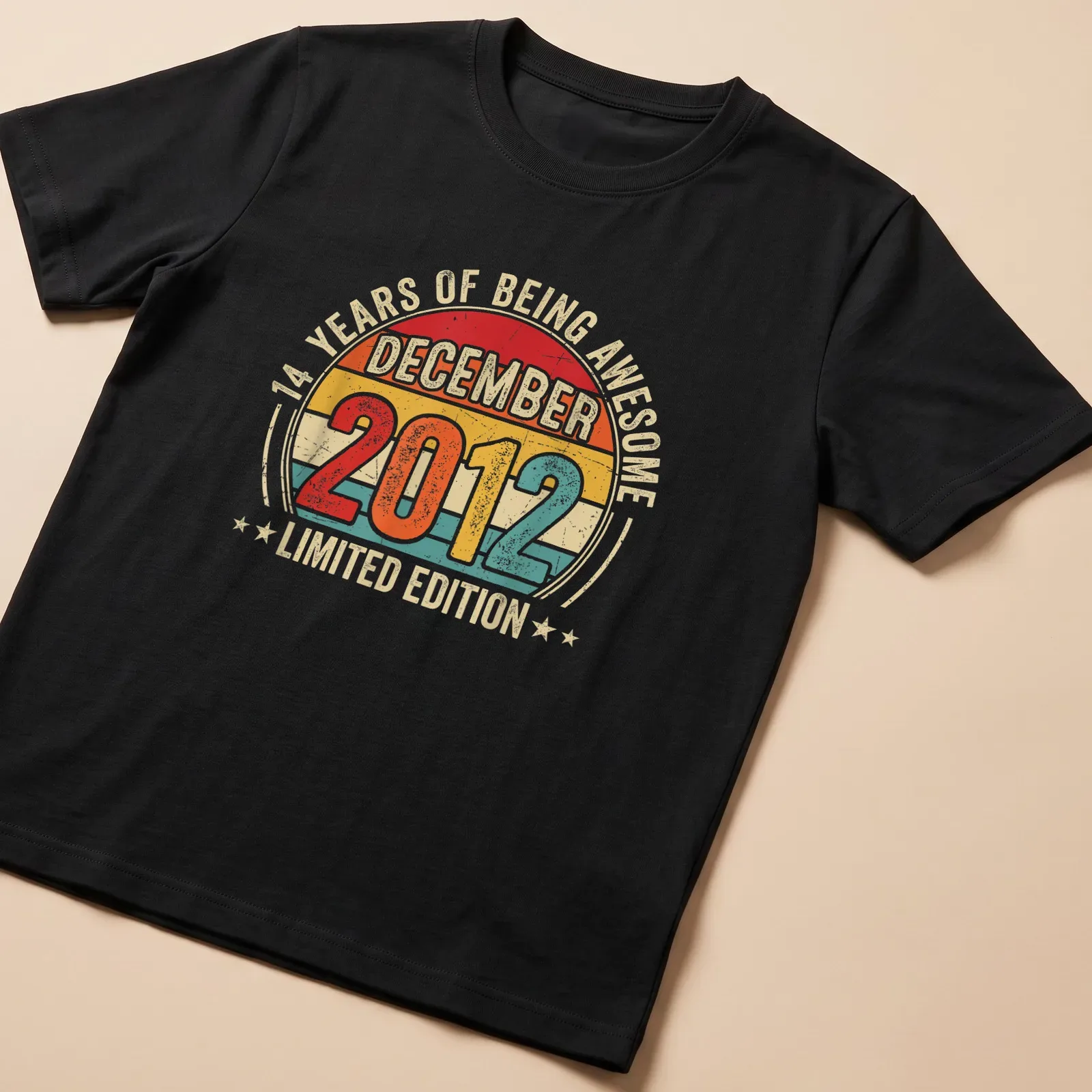 Vintage style birthday t-shirt celebrating 14 years of awesomeness — printed on a unisex t-shirt