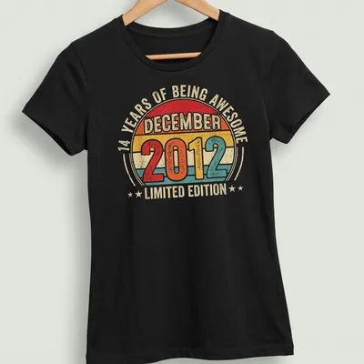 Vintage style birthday t-shirt celebrating 14 years of awesomeness — printed on a women's shirt