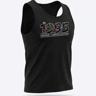 Colorful confetti design with '生日時快樂 1995' on a black — printed on a tank top