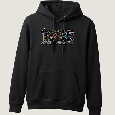 Colorful confetti design with '生日時快樂 1995' on a black — printed on a unisex hoodie