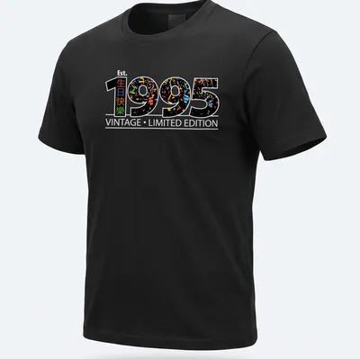 Colorful confetti design with '生日時快樂 1995' on a black t-shirt
