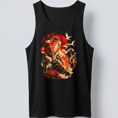 Chinese art T-shirt featuring Fire Goat with zodiac symbols and calligraphy — printed on a tank top