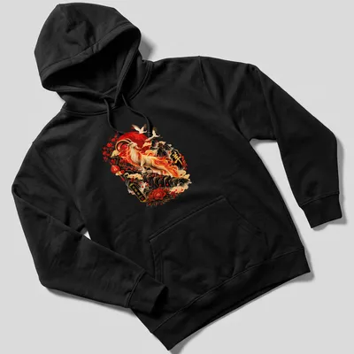 Chinese art T-shirt featuring Fire Goat with zodiac symbols and calligraphy — printed on a unisex hoodie