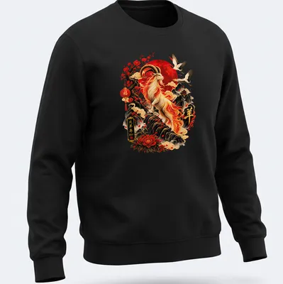Chinese art T-shirt featuring Fire Goat with zodiac symbols and calligraphy — printed on a unisex sweatshirt