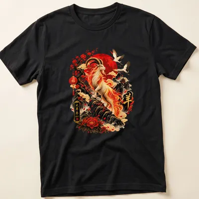 Chinese art T-shirt featuring Fire Goat with zodiac symbols and calligraphy