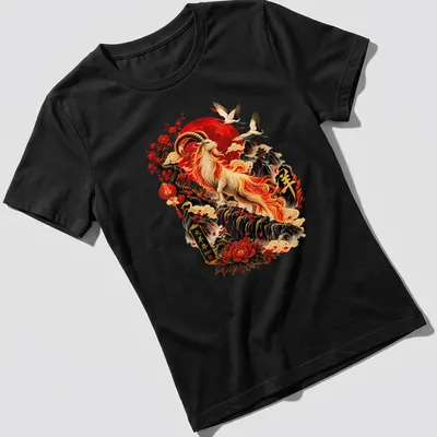 Chinese art T-shirt featuring Fire Goat with zodiac symbols and calligraphy — printed on a women's shirt
