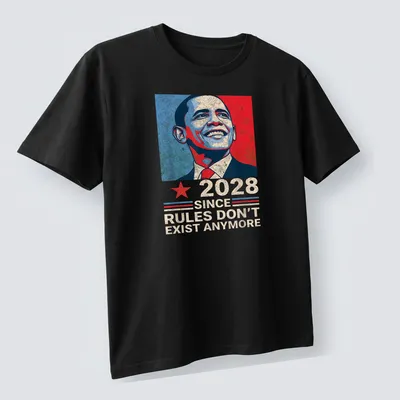 Vintage poster-style t-shirt featuring Barack Obama with satirical text. — printed on a unisex t-shirt (angled view)
