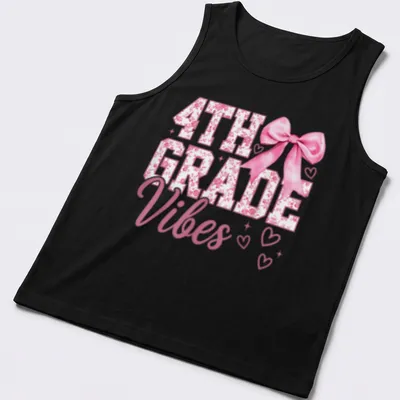 Illustration of a pink bow with hearts alongside the text 4TH GRADE Vibes — printed on a tank top