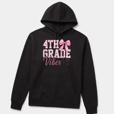Illustration of a pink bow with hearts alongside the text 4TH GRADE Vibes — printed on a unisex hoodie