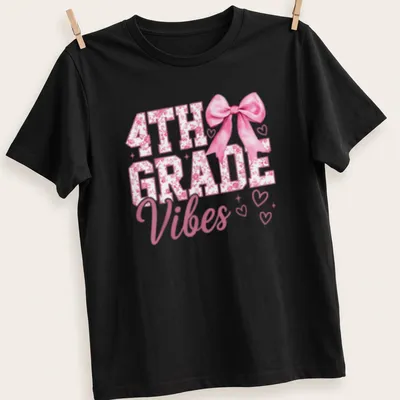 Illustration of a pink bow with hearts alongside the text 4TH GRADE Vibes