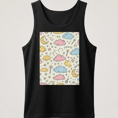 Kawaii doodle of clouds, stars, moons, and wands in pastel colors — printed on a tank top