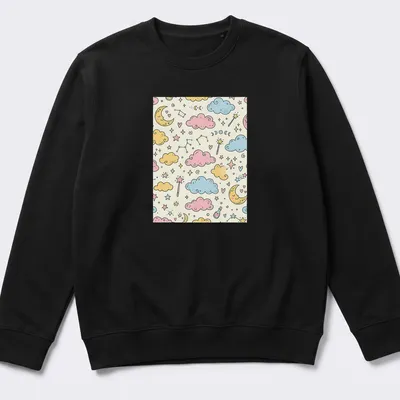Kawaii doodle of clouds, stars, moons, and wands in pastel colors — printed on a unisex sweatshirt