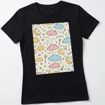 Kawaii doodle of clouds, stars, moons, and wands in pastel colors — printed on a women's shirt