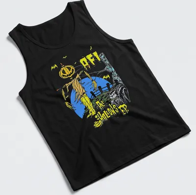 Graphic illustration of a scarecrow with a pumpkin head and bold text. — printed on a tank top
