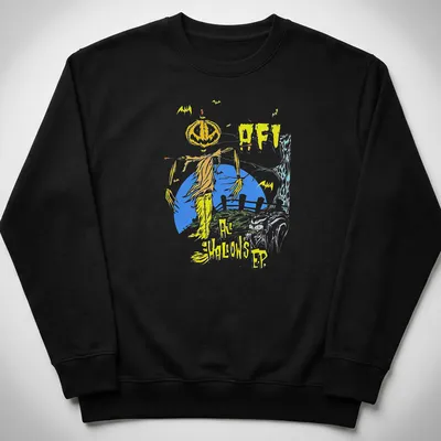 Graphic illustration of a scarecrow with a pumpkin head and bold text. — printed on a unisex sweatshirt