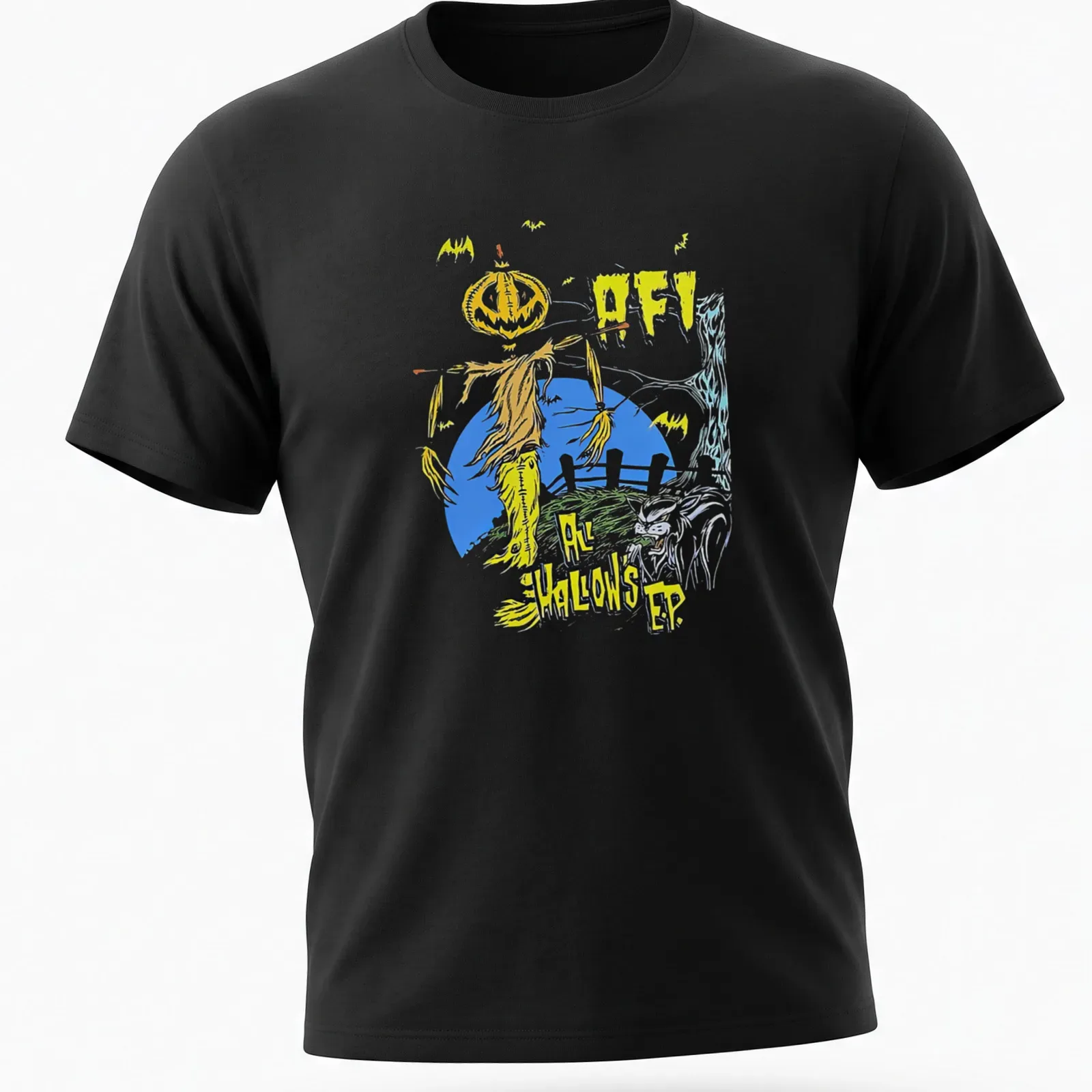 Graphic illustration of a scarecrow with a pumpkin head and bold text. — printed on a unisex t-shirt