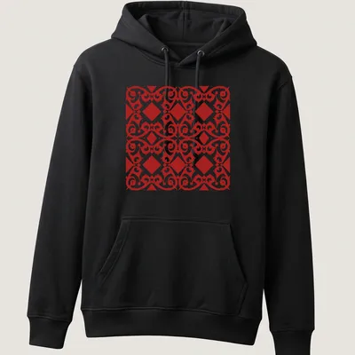 Intricate red and white geometric pattern T-shirt showcasing African culture — printed on a unisex hoodie