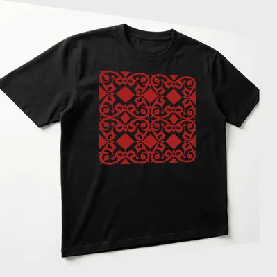 Intricate red and white geometric pattern T-shirt showcasing African culture — printed on a unisex t-shirt (angled view)