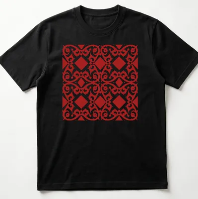Intricate red and white geometric pattern T-shirt showcasing African culture