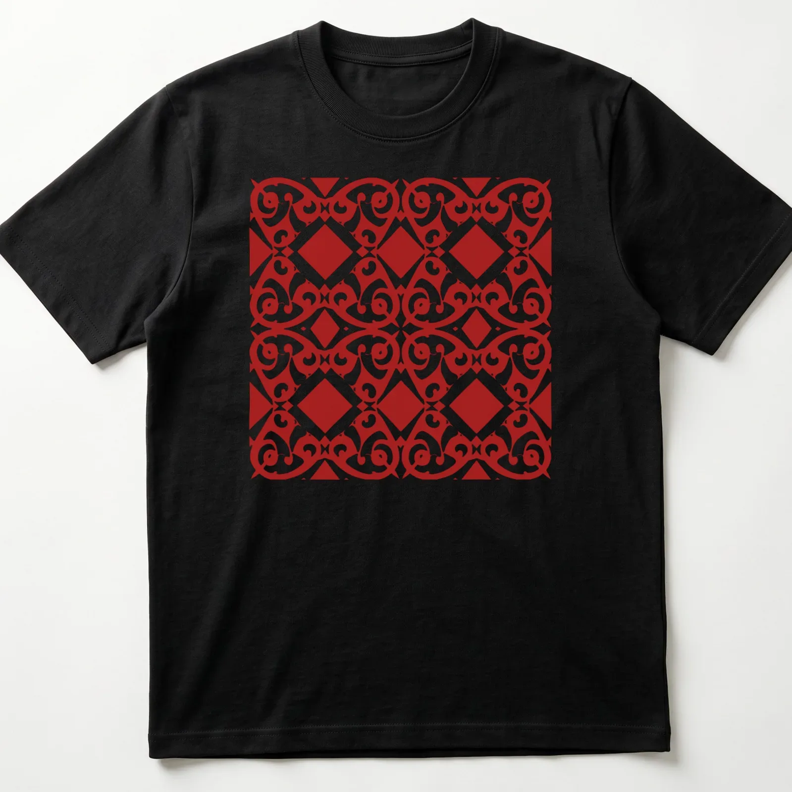 Intricate red and white geometric pattern T-shirt showcasing African culture — printed on a unisex t-shirt