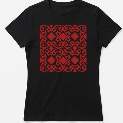 Intricate red and white geometric pattern T-shirt showcasing African culture — printed on a women's shirt