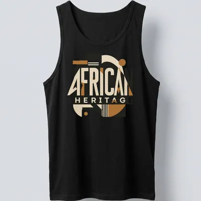 Bold geometric design with African Heritage text in black and gold — printed on a tank top