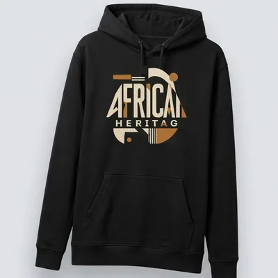 Bold geometric design with African Heritage text in black and gold — printed on a unisex hoodie