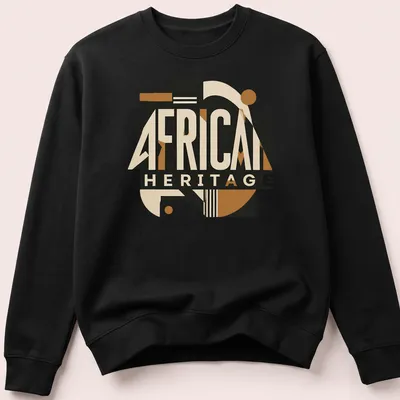 Bold geometric design with African Heritage text in black and gold — printed on a unisex sweatshirt