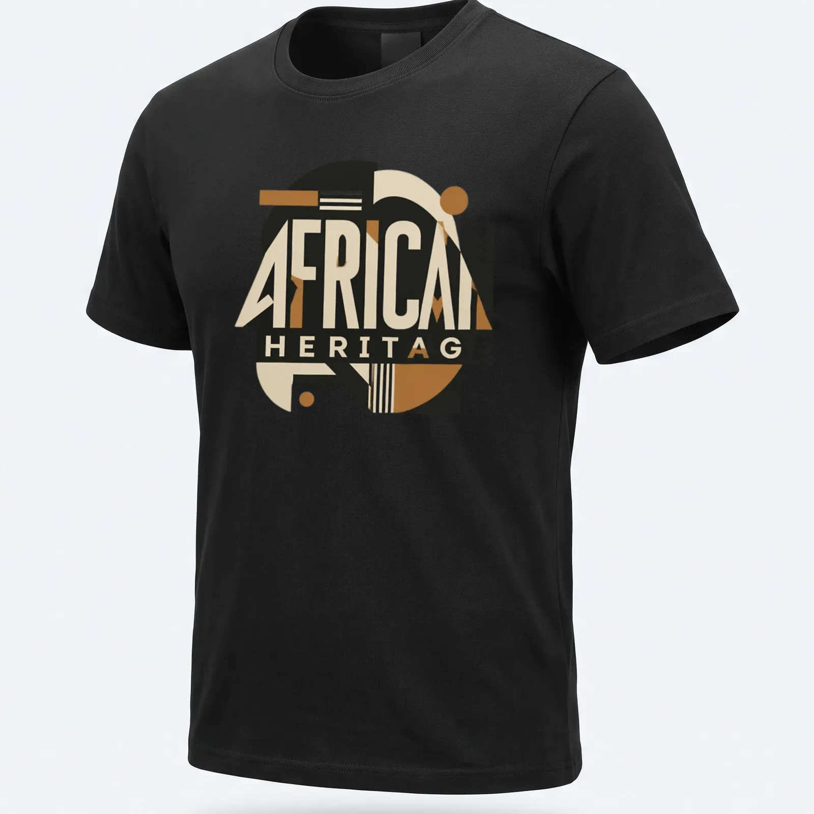 Bold geometric design with African Heritage text in black and gold — printed on a unisex t-shirt