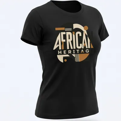 Bold geometric design with African Heritage text in black and gold — printed on a women's shirt