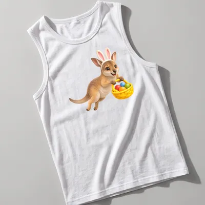Realistic wallaby with colorful Easter eggs in a playful design — printed on a tank top
