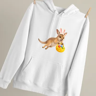 Realistic wallaby with colorful Easter eggs in a playful design — printed on a unisex hoodie