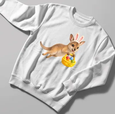 Realistic wallaby with colorful Easter eggs in a playful design — printed on a unisex sweatshirt