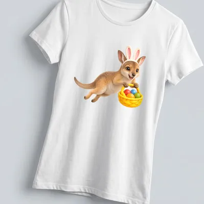 Realistic wallaby with colorful Easter eggs in a playful design — printed on a women's shirt