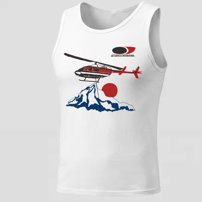 Illustrative design of a helicopter over mountains with red, black, white, and blue colors. — printed on a tank top