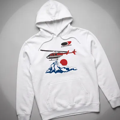 Illustrative design of a helicopter over mountains with red, black, white, and blue colors. — printed on a unisex hoodie