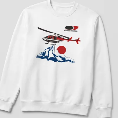 Illustrative design of a helicopter over mountains with red, black, white, and blue colors. — printed on a unisex sweatshirt