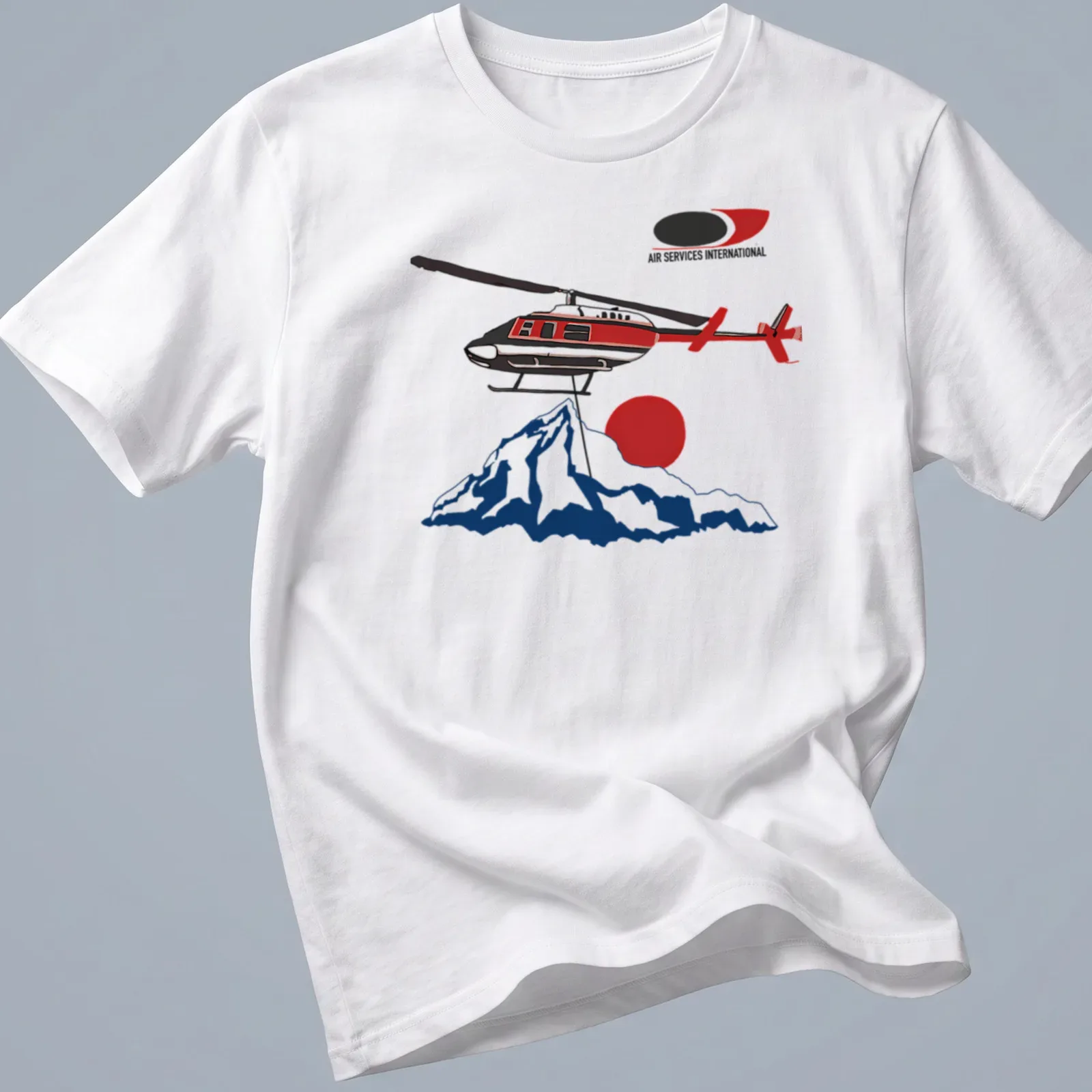 Illustrative design of a helicopter over mountains with red, black, white, and blue colors. — printed on a unisex t-shirt