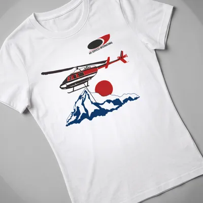 Illustrative design of a helicopter over mountains with red, black, white, and blue colors. — printed on a women's shirt