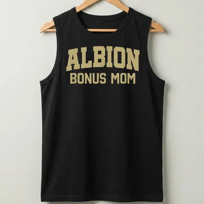 Bold collegiate print of ALBION BONUS MOM in gold — printed on a tank top
