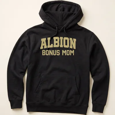 Bold collegiate print of ALBION BONUS MOM in gold — printed on a unisex hoodie