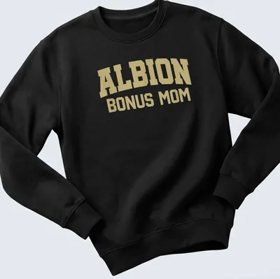 Bold collegiate print of ALBION BONUS MOM in gold — printed on a unisex sweatshirt