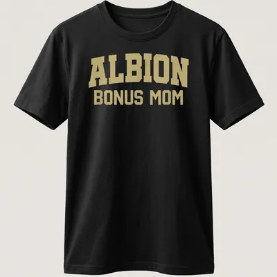 Bold collegiate print of ALBION BONUS MOM in gold