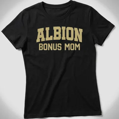 Bold collegiate print of ALBION BONUS MOM in gold — printed on a women's shirt