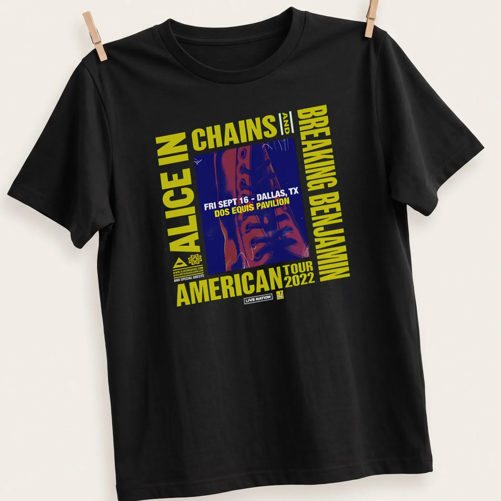 Alice In Chains and Breaking Benjamin concert t-shirt featuring a laced leather boot — printed on a unisex t-shirt