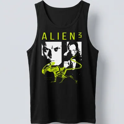 Minimalist graphic of an alien with neon green and white typography — printed on a tank top
