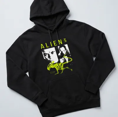 Minimalist graphic of an alien with neon green and white typography — printed on a unisex hoodie